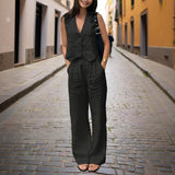 Women's Solid Color V-Neck Vest Two-Piece Set Button Front Vest Top With Pocket Pants For Spring & Summer Casual Outfit