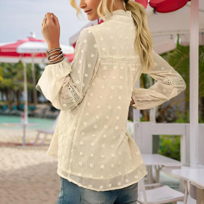 Women's V-Neck Long Sleeve Blouse - Lace Cutout & Jacquard Detail Loose Top Spring Summer Casual Shirt