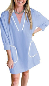Saodimallsu Womens V Neck Swimsuit Coverup Sleeve Collar Color Block Oversized Cover Ups Mini Beach Dress With Pockets