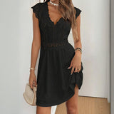 Women's V-Neck Solid Color Short Sleeve Dress With Lace Trim - Summer Sexy Vacation Dress