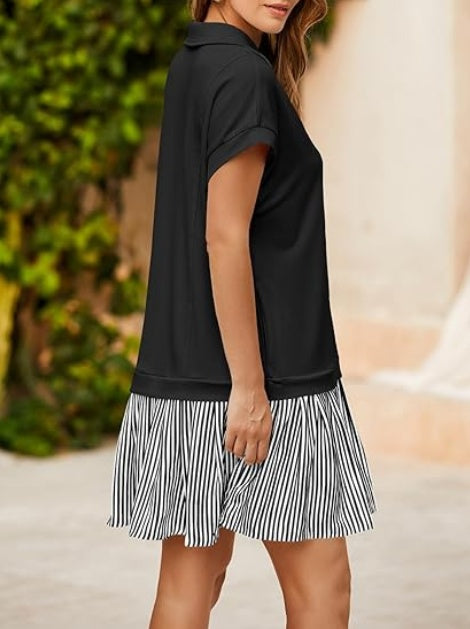 Fisoew Womens Summer Mini Dress Casual Patchwork Short Sleeve Polo V Neck Striped Dresses With Pockets