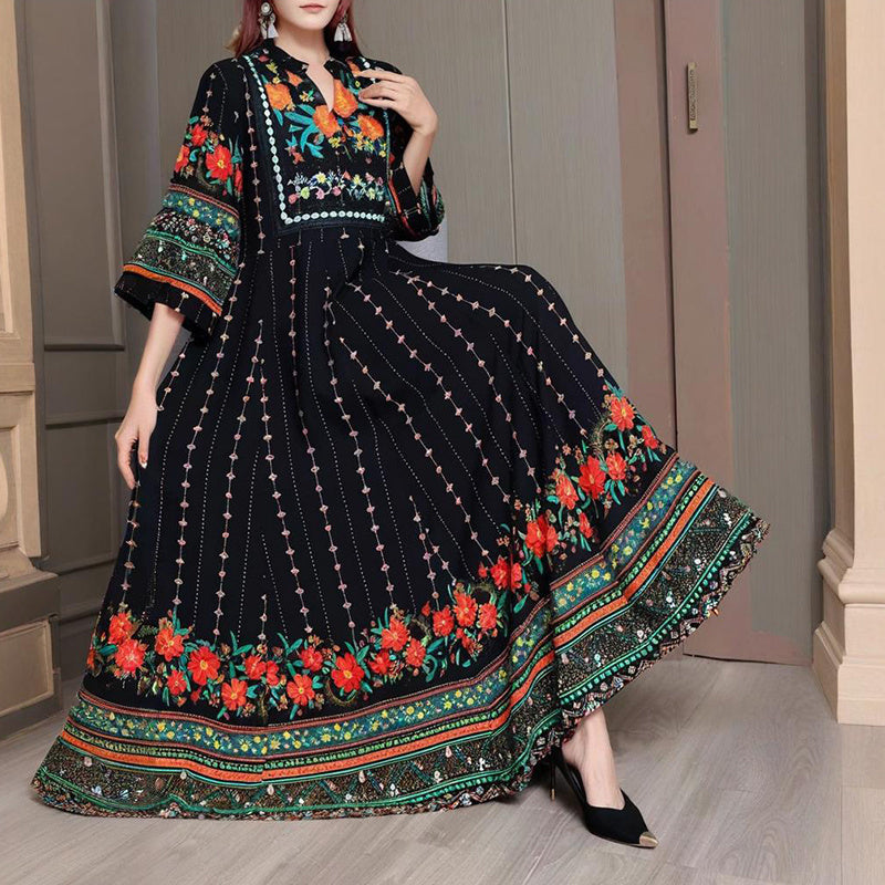 Women's Ethnic Style V-Neck Long Sleeve Dress - Embroidered Floral Pattern A-Line Maxi Dress With Printed Hem Middle Eastern Inspired Fashion