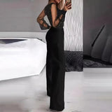 Women's Sexy Solid Color Deep V-Neck Tulle & Sequin Straight Leg Jumpsuit With Pockets For Spring&Summer Wear