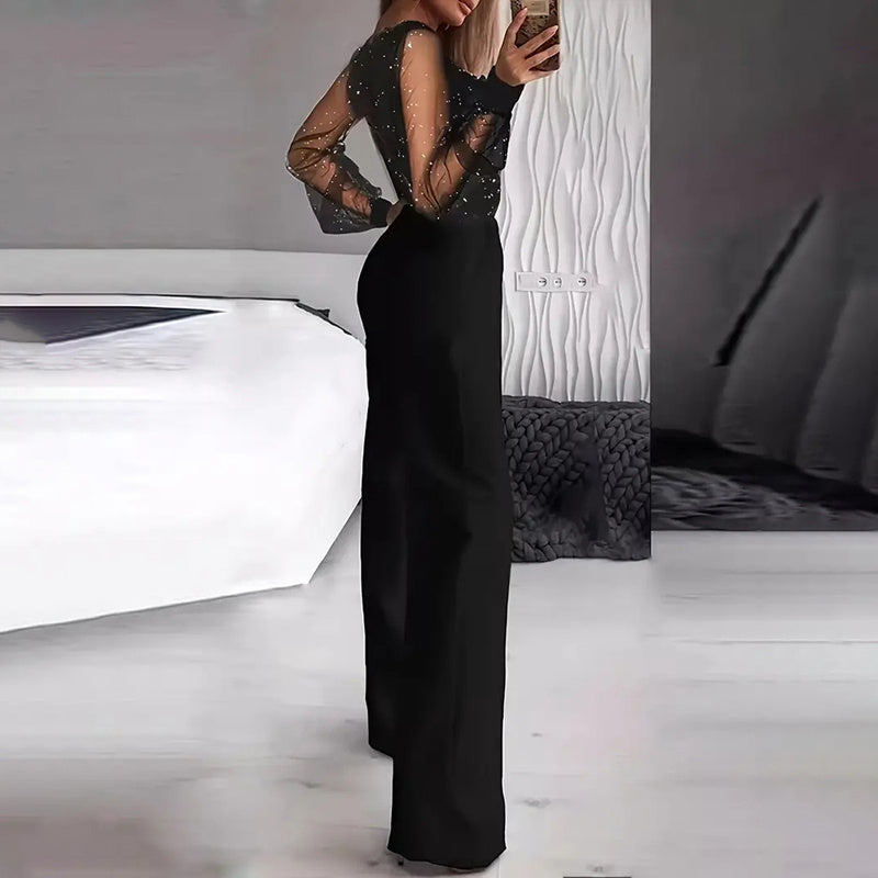 Women's Sexy Solid Color Deep V-Neck Tulle & Sequin Straight Leg Jumpsuit With Pockets For Spring&Summer Wear