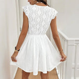 Women's V-Neck Solid Color Short Sleeve Dress With Lace Trim - Summer Sexy Vacation Dress