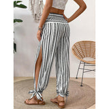 Women's Fashion Striped Long Pants Side-Slit Design Trendy Casual Trousers