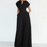 Women's V-Neck Solid Color Short Sleeve Jumpsuit Wide Leg A-Line Waist Tied Casual Summer Outfit
