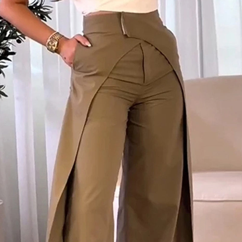 Women's Solid Color High-Waisted Wide-Leg Pants With Crossover Design Pockets Casual Spring & Fall Trousers