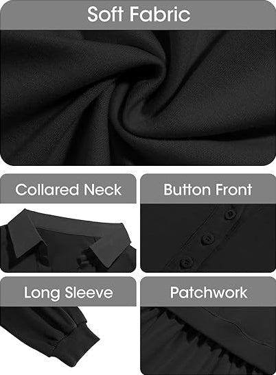 Fisoew Womens Oversized Sweatshirt Dress Long Sleeve V Neck Patchwork Casual Pullover Tops Loose Fit Mini Dresses