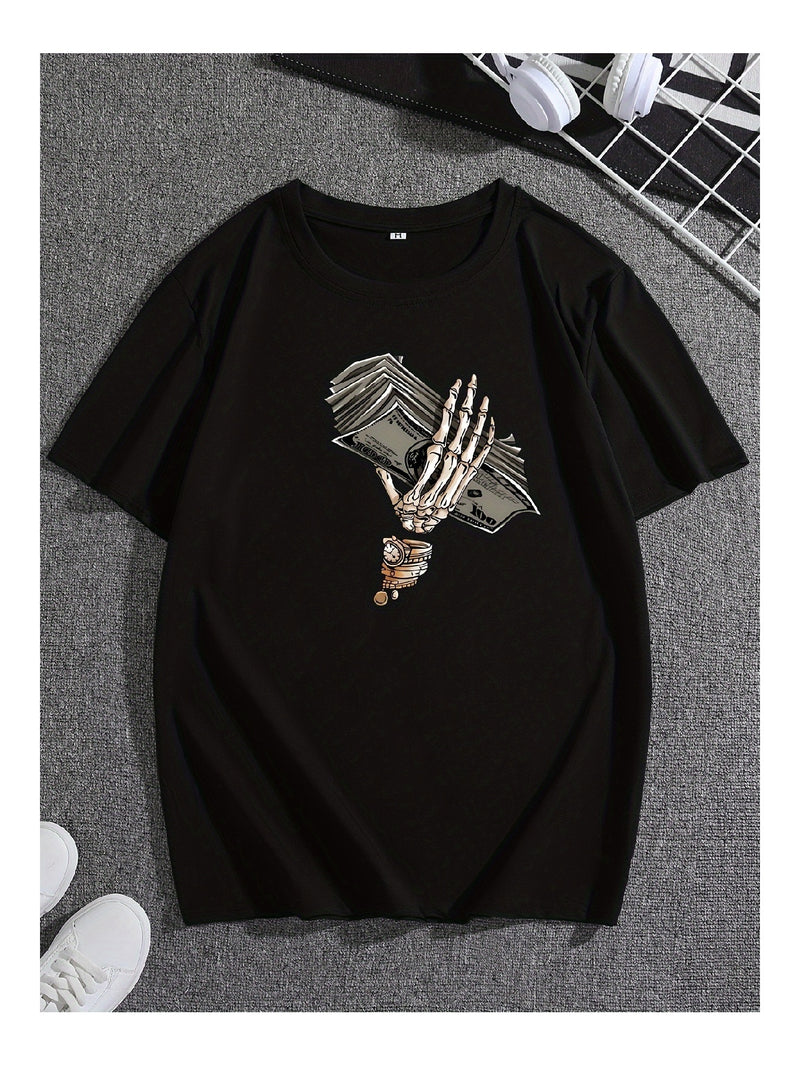 Camiseta de manga corta con estampado de calavera negra y personalidad única. 