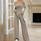 Women's Solid Color Off-Shoulder Long Sleeve Top & Pants Set - Elegant Asymmetrical Hem & Ruffes Cuff Casual Outfit