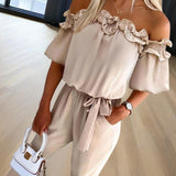 Women's Solid Color Elegant Off-Shoulder Jumpsuit With Ruffle Sleeves & Tie-Waist Summer Casual Romper