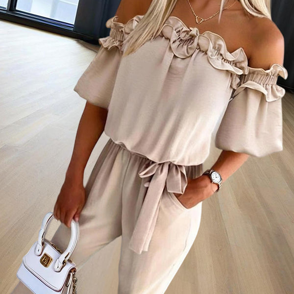 Women's Solid Color Elegant Off-Shoulder Jumpsuit With Ruffle Sleeves & Tie-Waist Summer Casual Romper