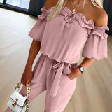 Women's Solid Color Elegant Off-Shoulder Jumpsuit With Ruffle Sleeves & Tie-Waist Summer Casual Romper