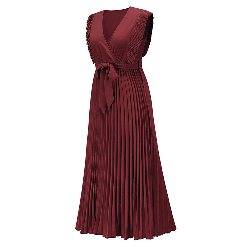 Women's Summer Maxi Dresses Elegant V Neck Ruffled Sleeves Empire Waist Pleated Flowy Wedding Dress