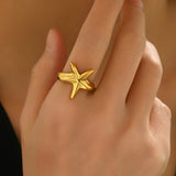 Lxalry 18K Gold Plated Stainless Steel Starfish Ring For Women - Minimalist Beach Style Jewelry, Waterproof, Tarnish-Free, Hypoallergenic, Elegant Ocean-Inspired Gift, Adjustable Summer Vacation Ring