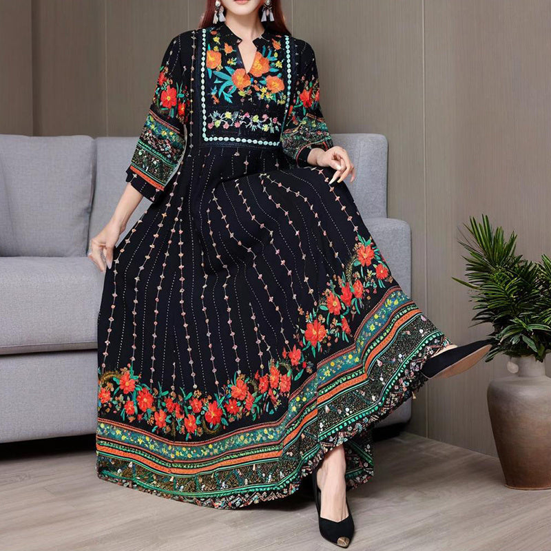 Women's Ethnic Style V-Neck Long Sleeve Dress - Embroidered Floral Pattern A-Line Maxi Dress With Printed Hem Middle Eastern Inspired Fashion
