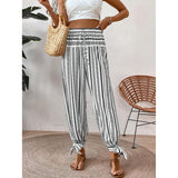 Women's Fashion Striped Long Pants Side-Slit Design Trendy Casual Trousers