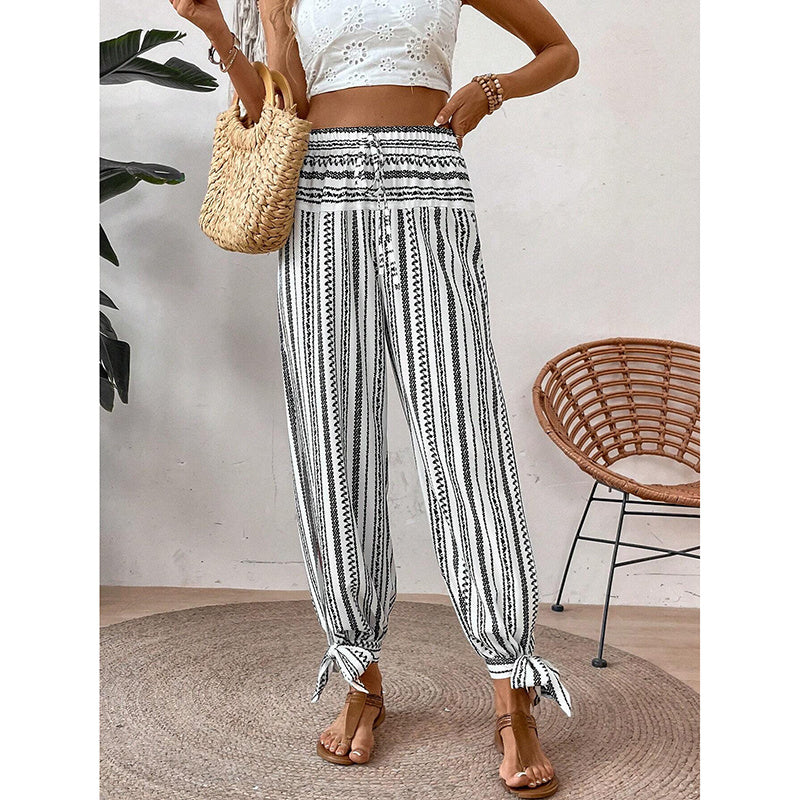 Women's Fashion Striped Long Pants Side-Slit Design Trendy Casual Trousers