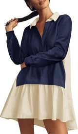 Fisoew Womens Oversized Sweatshirt Dress Long Sleeve V Neck Patchwork Casual Pullover Tops Loose Fit Mini Dresses