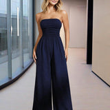 Women's Solid Color Strapless Jumpsuit Wide-Leg Palazzo Pants With Pleats Summer Fashion Outfit