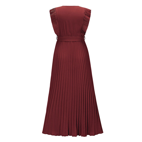 Women's Summer Maxi Dresses Elegant V Neck Ruffled Sleeves Empire Waist Pleated Flowy Wedding Dress
