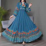 Women's Ethnic Style V-Neck Long Sleeve Dress - Embroidered Floral Pattern A-Line Maxi Dress With Printed Hem Middle Eastern Inspired Fashion