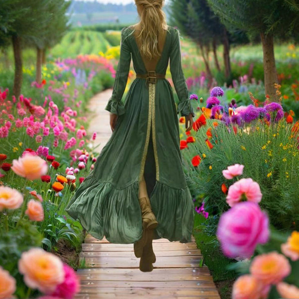 Women's Square Neck Long Sleeve Dress - Green Bohemian Maxi Dress Back Vent With Ruffle Hem & Sleeve