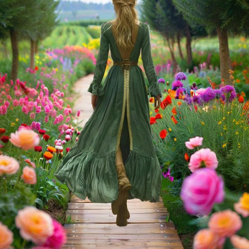 Women's Square Neck Long Sleeve Dress - Green Bohemian Maxi Dress Back Vent With Ruffle Hem & Sleeve