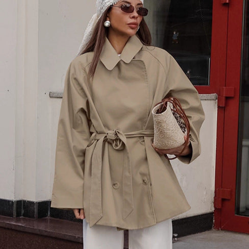 Trench Coat Women's Long Khaki Workwear Lace-up Long Sleeve Coat