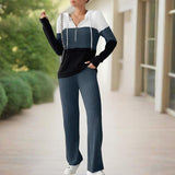 Women's Contracted Design Color-Block Hooded Sweatsuit Set - Long Sleeve Zip-Up Hoodie With Wide-Leg Lounge Pants