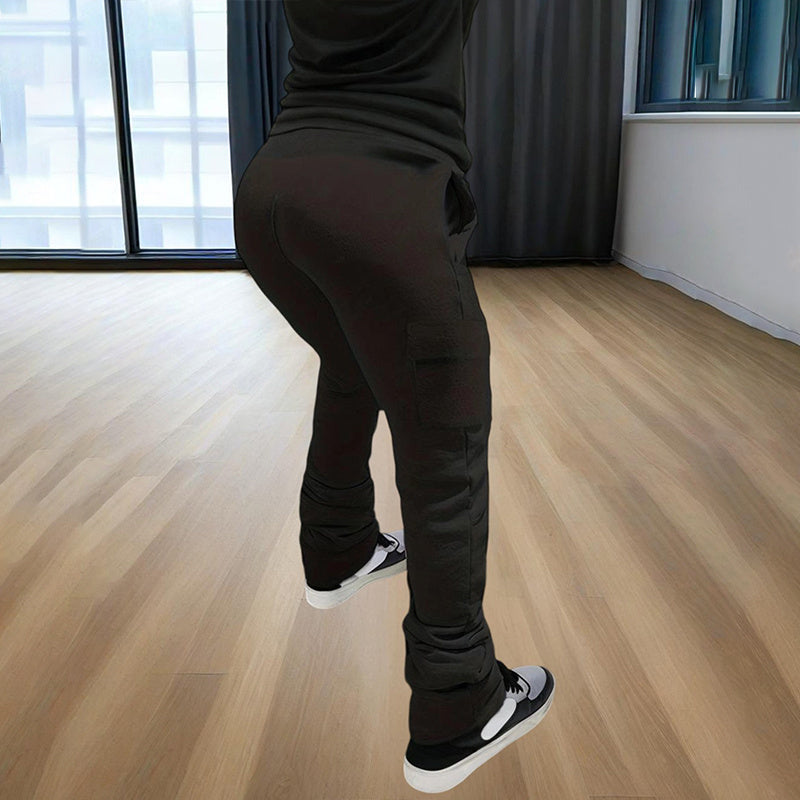 Pantalones rectos de color liso para mujer: cintura elástica con cordón y bolsillos dobles, pantalones casuales para primavera y otoño.