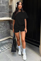 Three Piece Set, Round Neck Short Sleeved Top And Shorts And Pants Set, Sports And Casual Clothing