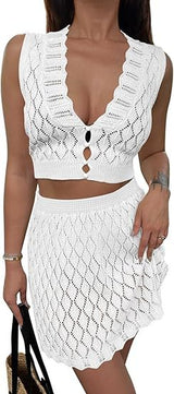 Saodimallsu Womens Two Piece Crochet Swimsuit Cover Ups Sleeveless V Neck Crop Tops Skirt Sets Beach Vacation Outfits
