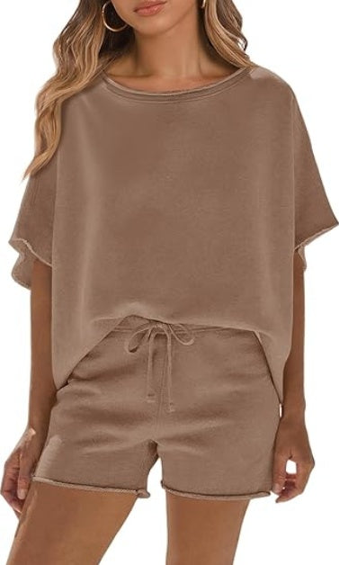 Fisoew Womens Summer 2 Piece Outfits Oversized Casual Short Sleeve Tops And High Waisted Shorts Workout Lounge Short Sets