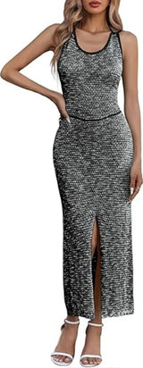 Saodimallsu Womens Backless Midi Dress Summer Beach Bodycon Halter Sleeveless Sexy Slit Cover Up Dresses