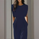 Women's Solid Color Round Neck Short Sleeve Wide-Leg Jumpsuit With Waist Design & Pockets Casual Romper For Spring&Summer