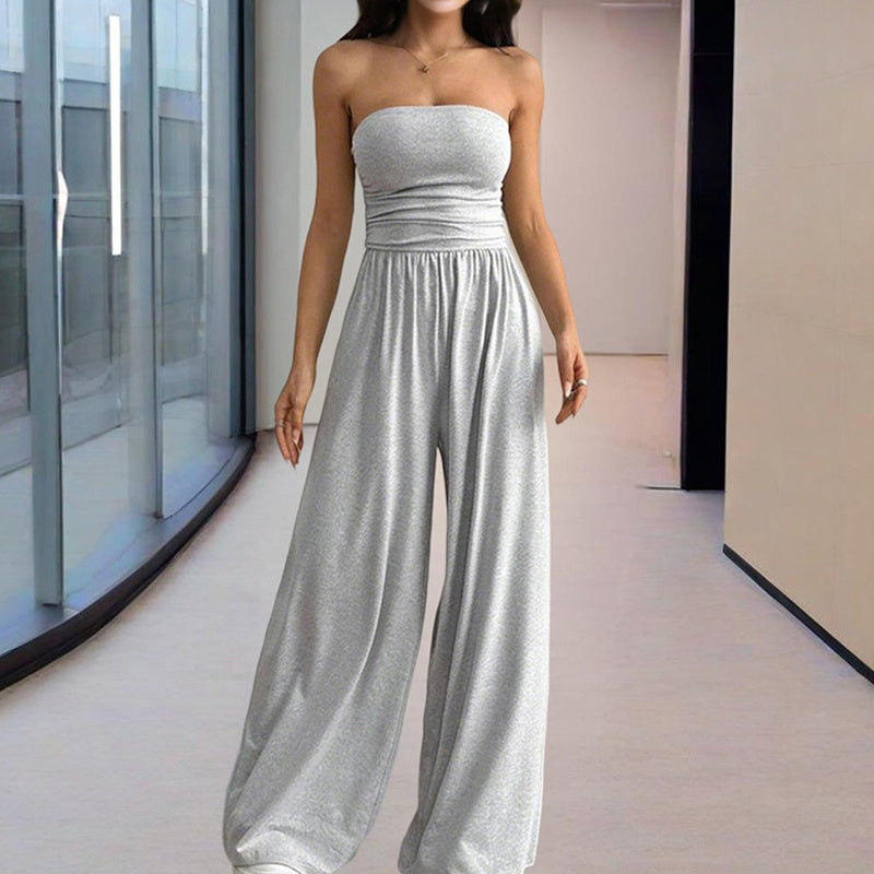 Women's Solid Color Strapless Jumpsuit Wide-Leg Palazzo Pants With Pleats Summer Fashion Outfit