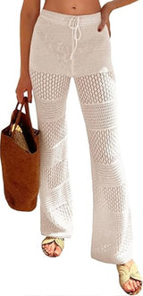 Saodimallsu Womens Beach Cover Up Pants Boho Crochet Knit High Waist Drawstring Sheer Hollow Swim Pant Swimwear