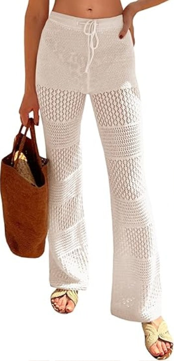 Saodimallsu Womens Beach Cover Up Pants Boho Crochet Knit High Waist Drawstring Sheer Hollow Swim Pant Swimwear