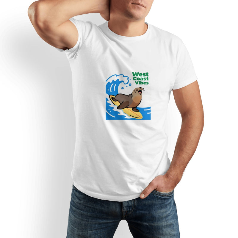 West Coast Seal Printed Men's Pure Cotton T-shirt - Casual Round Neck, Slightly Elastic, Suitable For Summer Knitted Fabric, Classic Fit Adult Shirt, Couple's Shirt