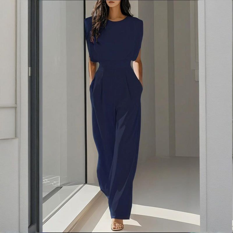 Women's Solid Color Round Neck Short Sleeve Wide-Leg Jumpsuit With Waist Design & Pockets Casual Romper For Spring&Summer