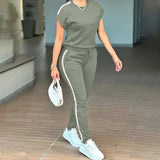 Women's Solid Color Short Sleeve Two-Piece Set - Round Neck, Stripe Trim, Tie Waist Belt, Pockets Spring&Summer Casual Outfit