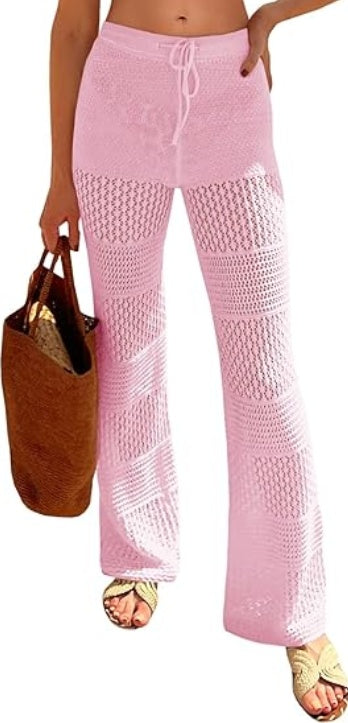 Saodimallsu Womens Beach Cover Up Pants Boho Crochet Knit High Waist Drawstring Sheer Hollow Swim Pant Swimwear