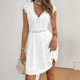 Women's V-Neck Solid Color Short Sleeve Dress With Lace Trim - Summer Sexy Vacation Dress