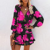 Women's Bohemian Print V-Neck Long Sleeve Dress - Flowy Beach Dress With Elastic Waist