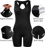 Fisoew Womens One Piece Jumpsuits Racer Back Ribbed U Neck Padded Unitard Backless Tummy Control Bodycon Yoga Romper