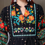 Women's Ethnic Style V-Neck Long Sleeve Dress - Embroidered Floral Pattern A-Line Maxi Dress With Printed Hem Middle Eastern Inspired Fashion