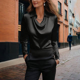 Women's Elegant Long Sleeve Blouse - Solid Color Lapel Top With Ruched Chest Detail Office & Casual Wear For Spring Fall