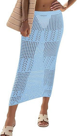 Fisoew Womens Crochet Skirt Cover Up High Waist Sheer Mesh Beach Maxi Skirts Hollow Out Knit Swimsuit Coverups